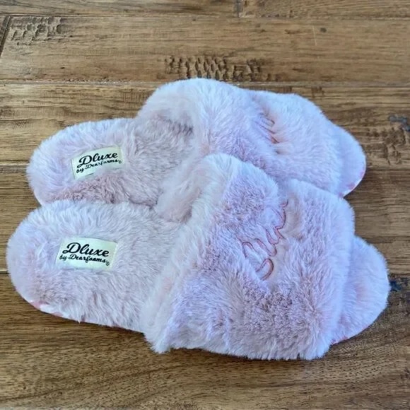 Dearfoams Dluxe Super Mom Faux Fur Plush Slide Slippers Blush Pink Size 7-8 NWOT - Picture 2 of 11